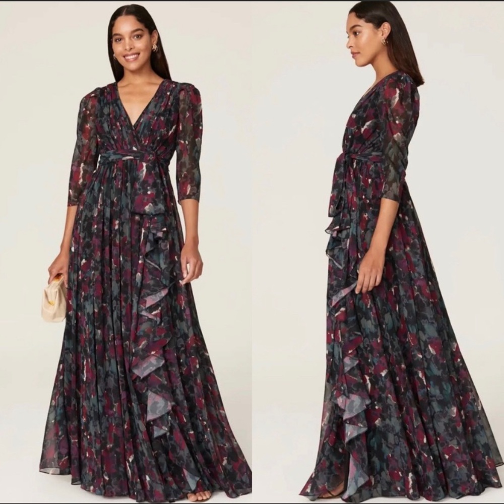 Badgley Mischka Pleated Floral Gown Multicolored Size 0